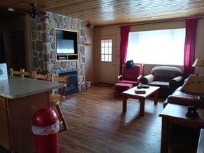 TV, fireplace - Bear Foot Getaway: Secluded Cabin in Aspens, deck, Hot Tub, 6Mi to Cripple Creek (Cripple Creek)