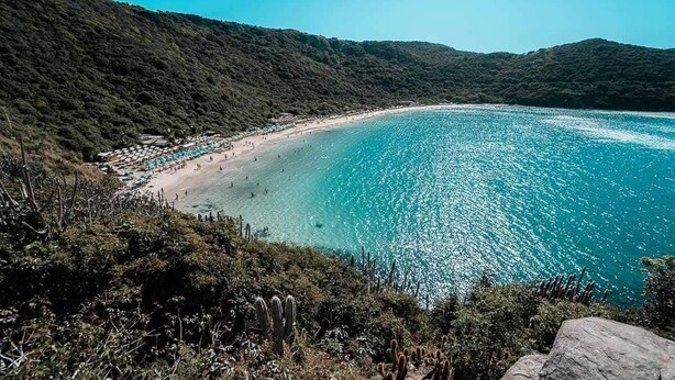 A coastal landscape with a beach, clear blue water, and dense green hills. - Apartamento de um Quarto (RJ)
