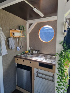 Fridge, stovetop, cookware/dishes/utensils, spices