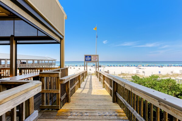 Walk along the boardwalk to the ocean and sandy shore.