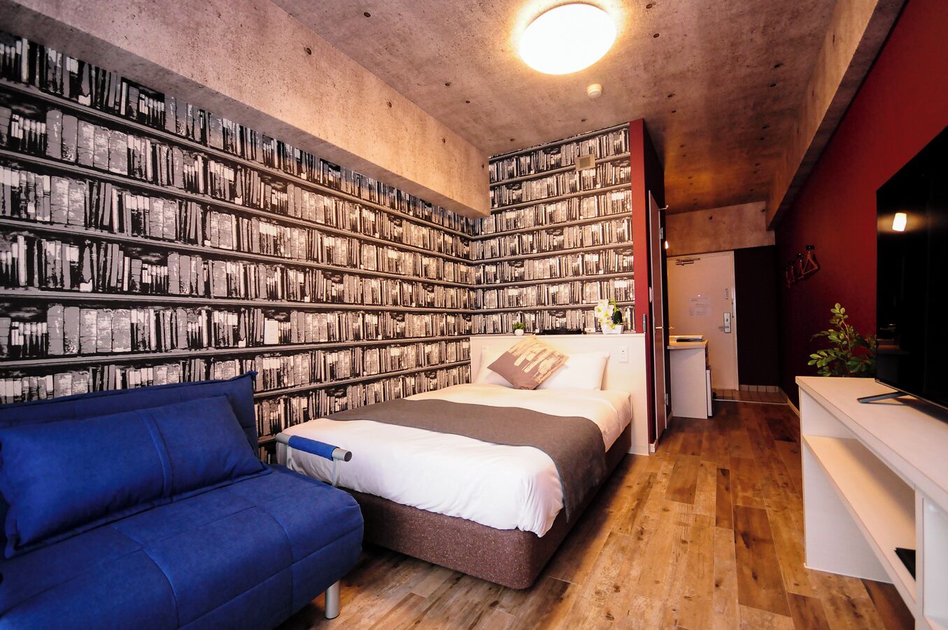 A bedroom with a large bookshelf, a bed, a blue sofa, and a TV.