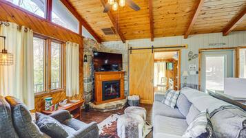 TV, fireplace, DVD player, books