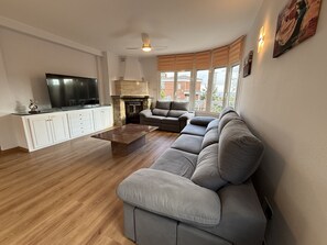 Télévision, cheminée, baby-foot, table de tennis de table