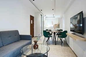 Luxury Apartment | Living area | 43-inch flat-screen TV with cable channels, TV - Phaedrus Living: Seaside Luxury Flat Lighthouse 69 (Paphos)