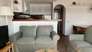 Una sala de estar con un sofá gris, un televisor sobre un mueble de madera, una mesita redonda con una planta y una zona de cocina con armarios y una estantería.
