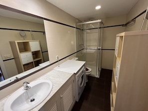 Shower, hair dryer, towels