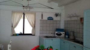 Une cuisine aux murs blancs, avec une fenêtre ornée de rideaux, un ventilateur de plafond, un four à micro-ondes, un évier et des placards.