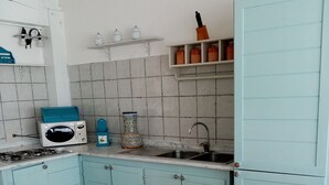 Une cuisine équipée d’une cuisinière à gaz, d’un four à micro-ondes, d’un évier et de placards.