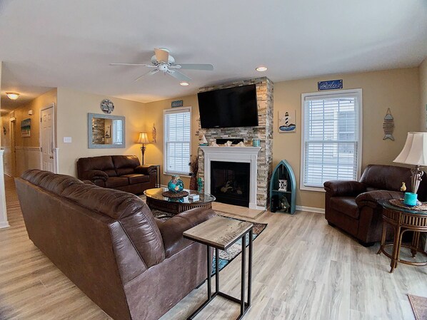 TV, fireplace, DVD player, books