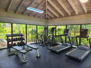 A gym with treadmills, elliptical machines, and dumbbells, large windows with a view of greenery.