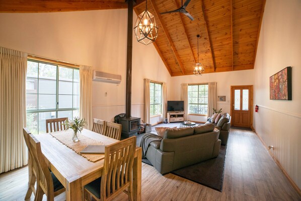 Smart TV, fireplace, books, streaming services