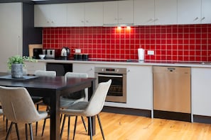 Fridge, microwave, oven, dishwasher