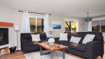 Télévision, cheminée, espaces bureaux