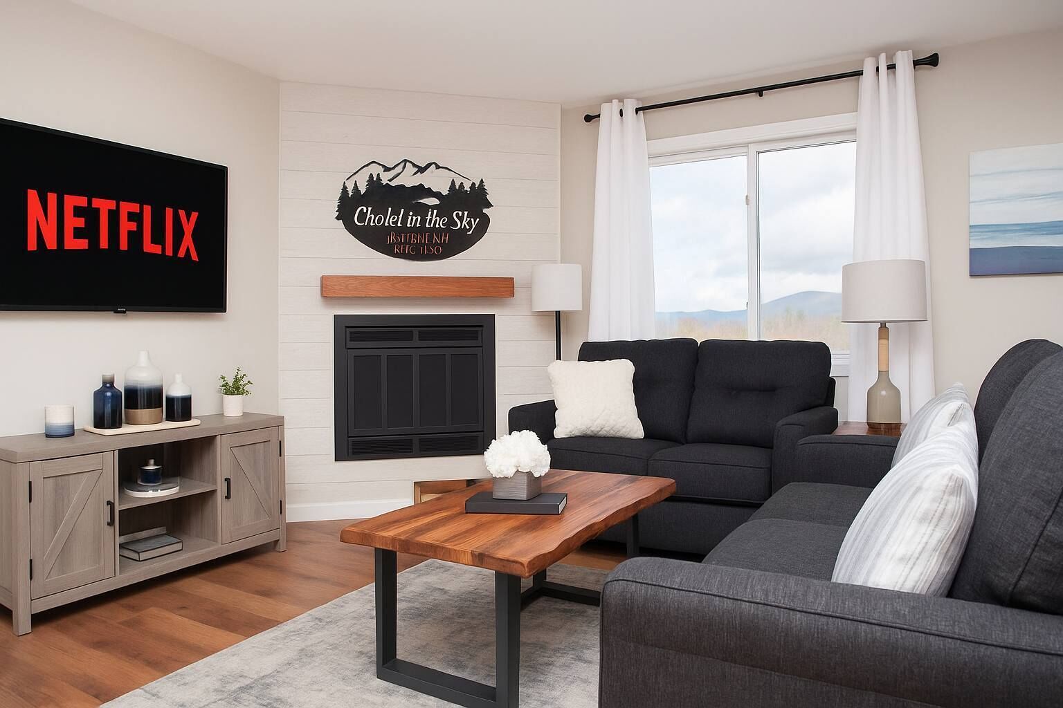 Télévision, cheminée, espaces bureaux