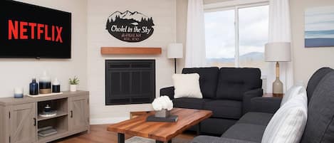 Télévision, cheminée, espaces bureaux