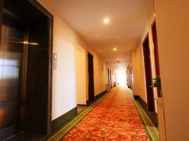 Un pasillo de hotel con piso alfombrado, puertas a ambos lados y un ascensor a la izquierda.