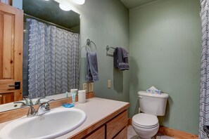 Ein Badezimmer mit einem weißen Waschbecken, zwei Wasserhähnen, einem Spiegel, einer Toilette und einer Duschvorhang.
