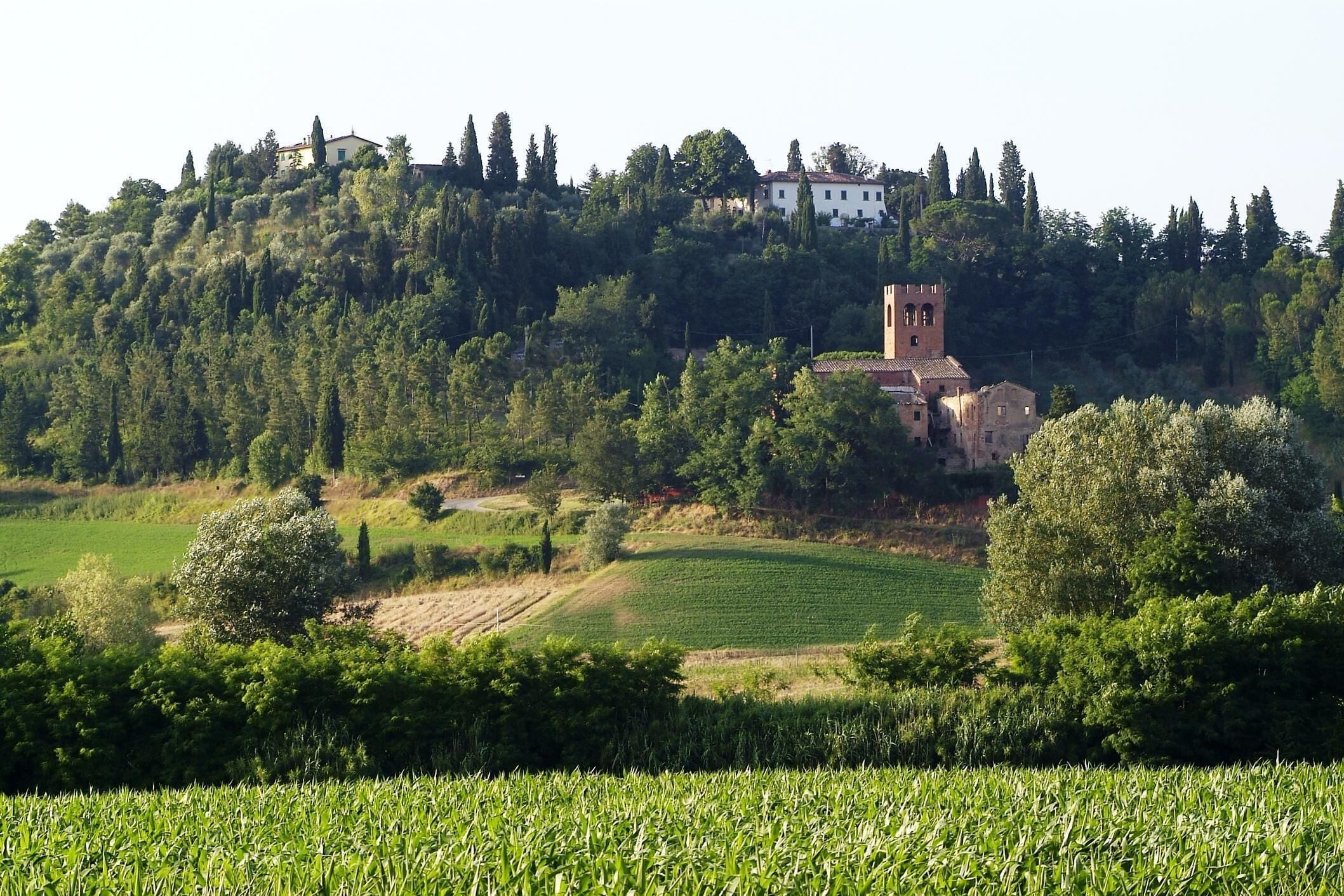 A rural landscape with a church on a hill, surrounded by fields and trees.
