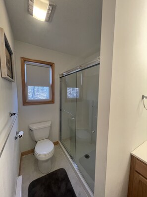 Shower, hair dryer, towels, toilet paper