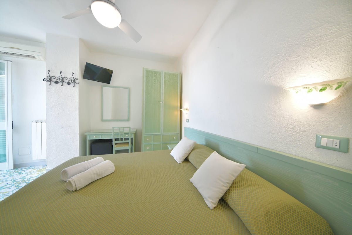 A hotel room with a bed, a desk, a chair, a television, and a ceiling fan.