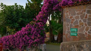 A stone wall with a sign indicating a center for the disabled and a pool area. - Hotel Parco Cartaromana (Ischia)