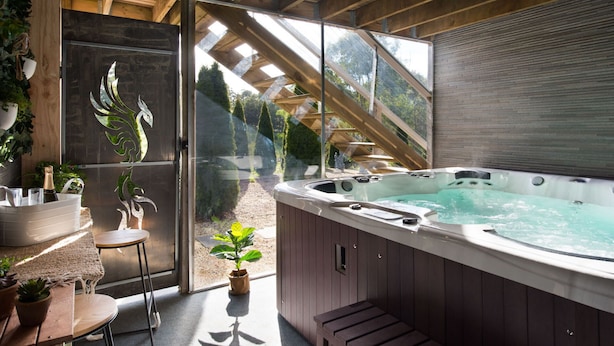 A hot tub in a wooden cabin with a glass door, a small table, and potted plants.
