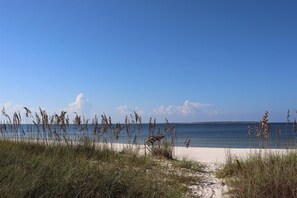 A beach with sand and tall grasses in the foreground, leading to a calm sea under a clear sky. - PETE'S PARADISE IS MODERN, SPACIOUS FLOOR PLAN! GREAT FENCED IN BACKYARD WITH FIREPIT, PET FRIENDLY! (Port Saint Joe)