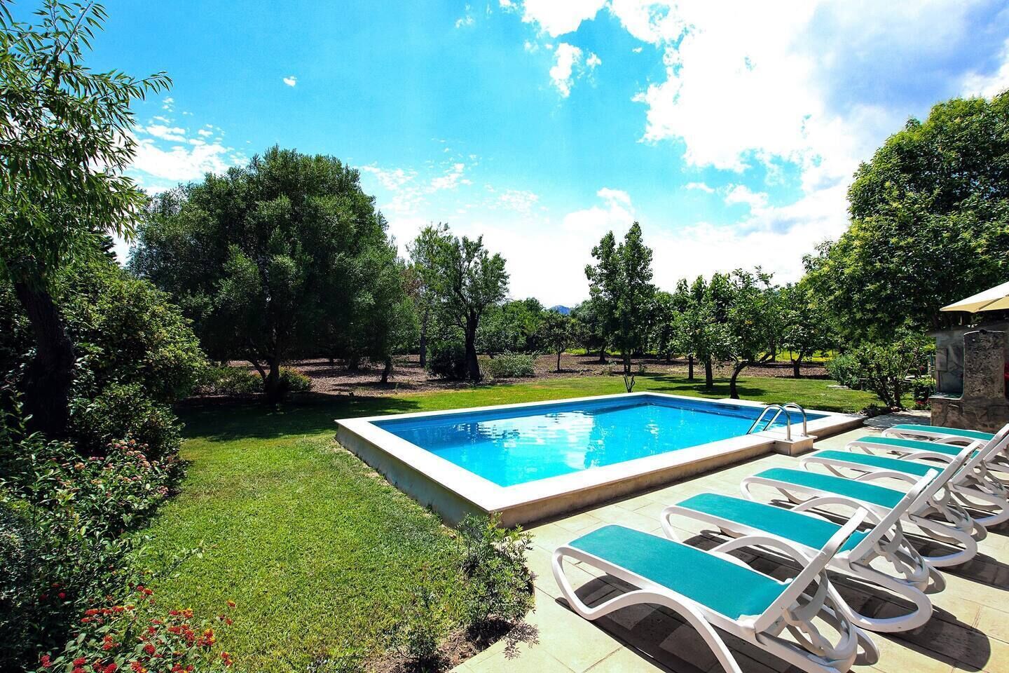 A rectangular swimming pool with a tiled deck, surrounded by green grass and trees.