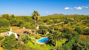 Une villa avec piscine, entourée d’une végétation luxuriante et de palmiers.
