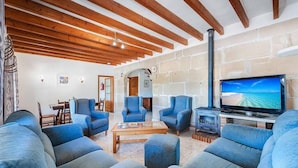 Una sala de estar acogedora con sofás azules, techo de madera y un televisor que muestra una vista panorámica.