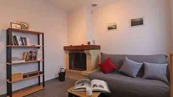 TV, DVD player, livros, biblioteca musical