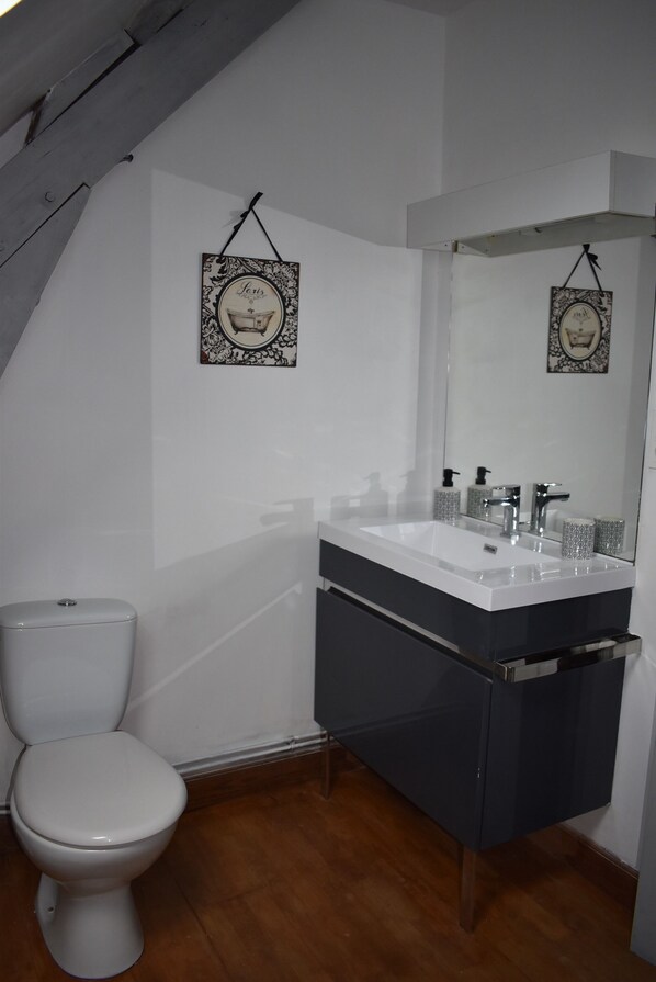A bathroom with a white toilet, a dark vanity with a mirror, and two decorative wall hangings.