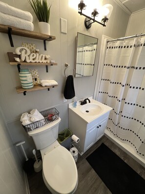 Shower, hair dryer, towels, soap