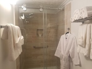 Douche, séchoir à cheveux, serviettes fournies, savon