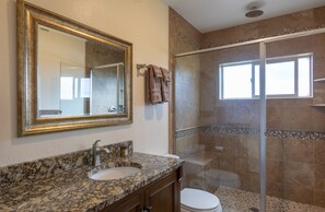 Shower, jetted bath, hair dryer, towels