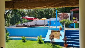 Piscina con sillas de descanso y sombrillas, rodeada de vegetación y un muro azul.
