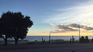 Una carretera costera con una valla, árboles y un banco junto al mar.