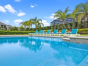 A swimming pool with lounge chairs and palm trees.