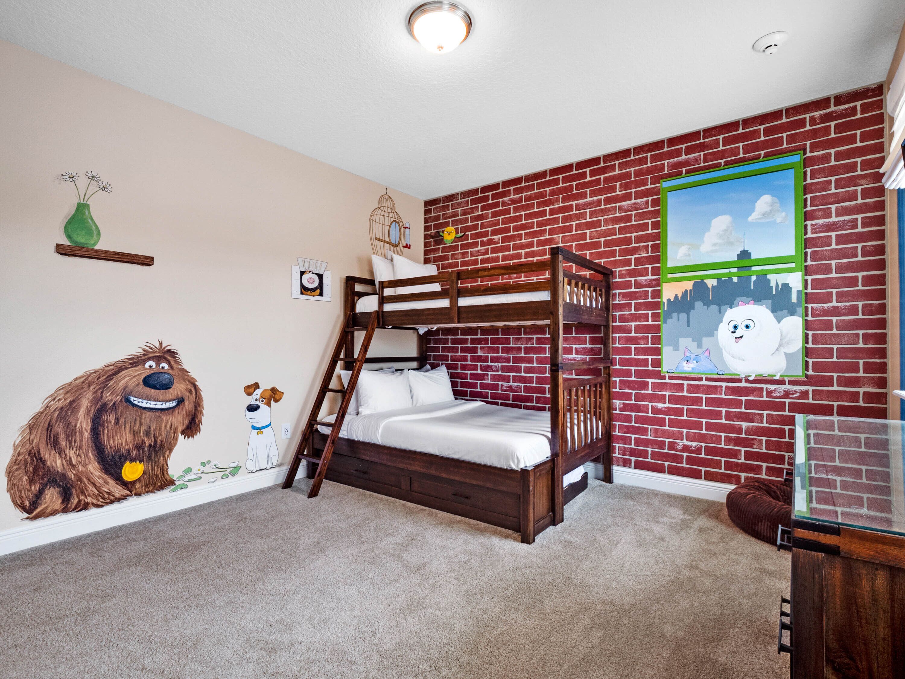 A bunk bed room with a brick wall, a mural of a dog, and a cityscape window.