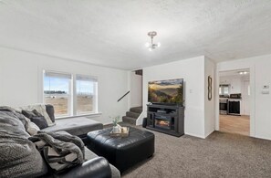 Smart TV, chimenea, libros y videoteca