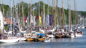 A marina with numerous sailboats docked, surrounded by buildings and greenery.