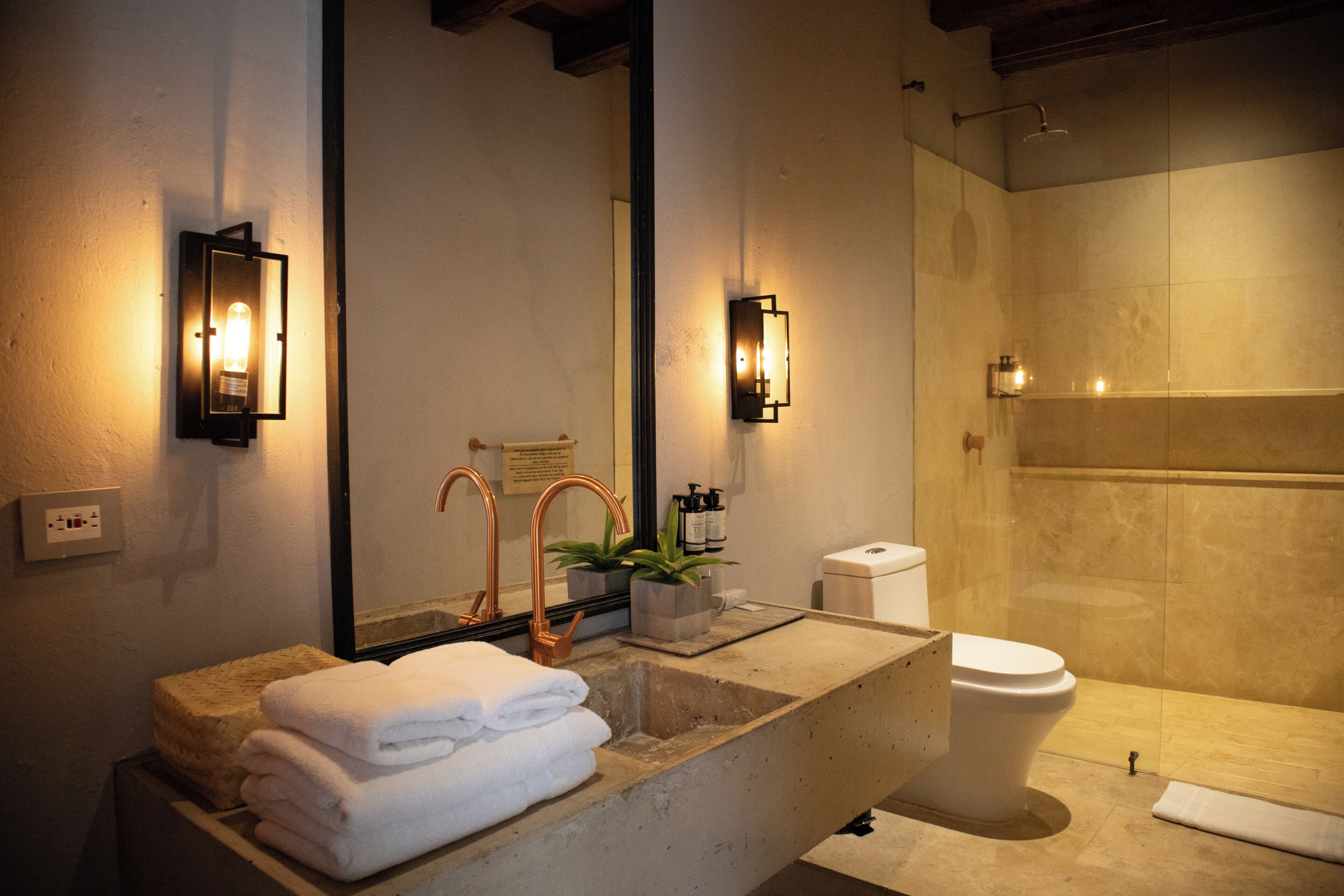 Une salle de bain avec un grand lavabo, des toilettes et un espace douche.