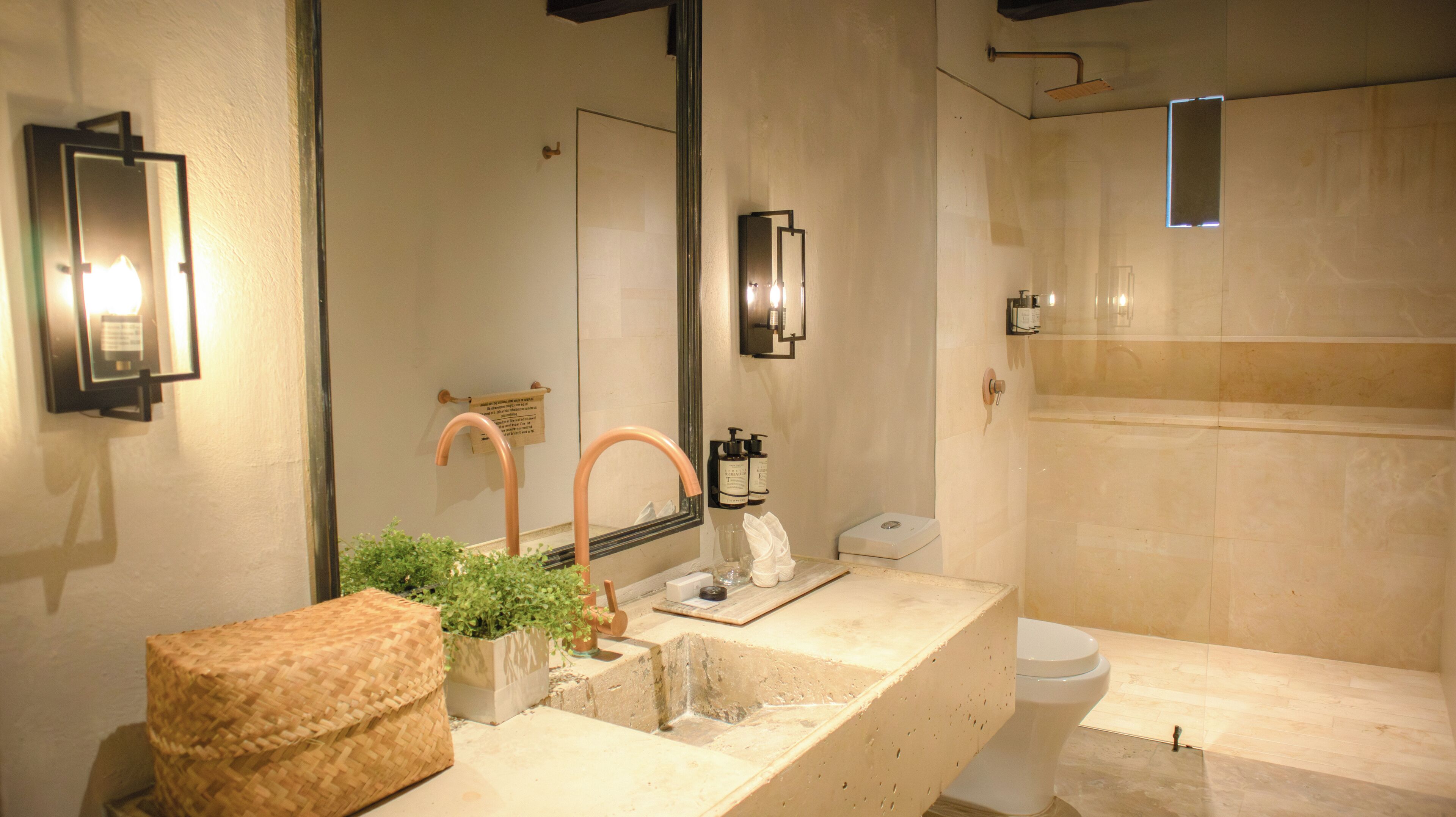 Un baño con un espejo grande, un lavabo con grifo curvo, un inodoro y zona de ducha.