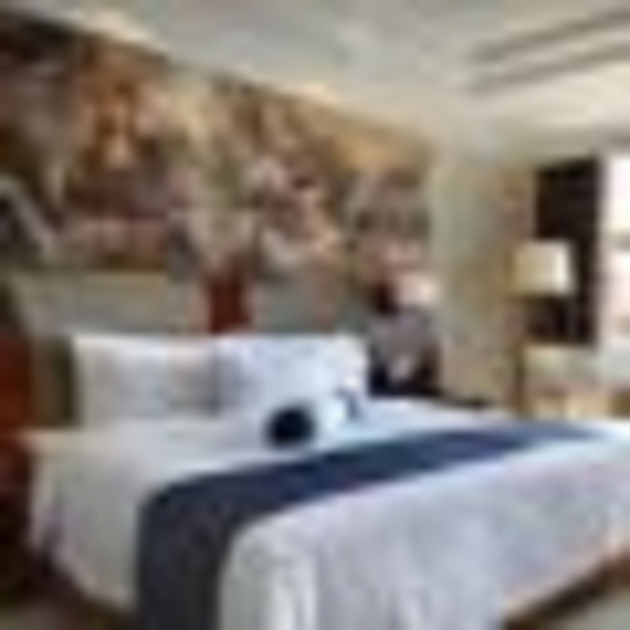 A hotel room with a large bed, a nightstand, and a wall-mounted TV.