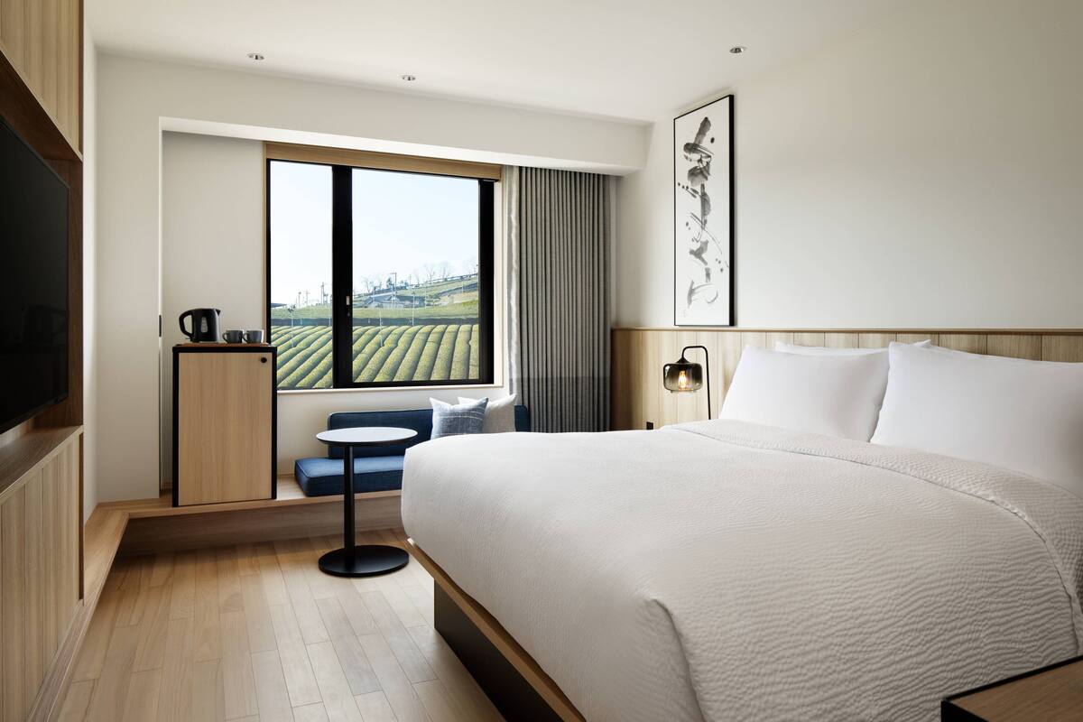A modern hotel room with a large bed, a small seating area, a television, and a window with a view of a green landscape.