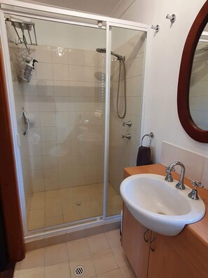 Shower, eco-friendly toiletries, hair dryer, towels