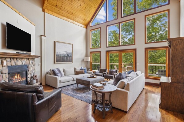 Smart TV, fireplace, video games, DVD player