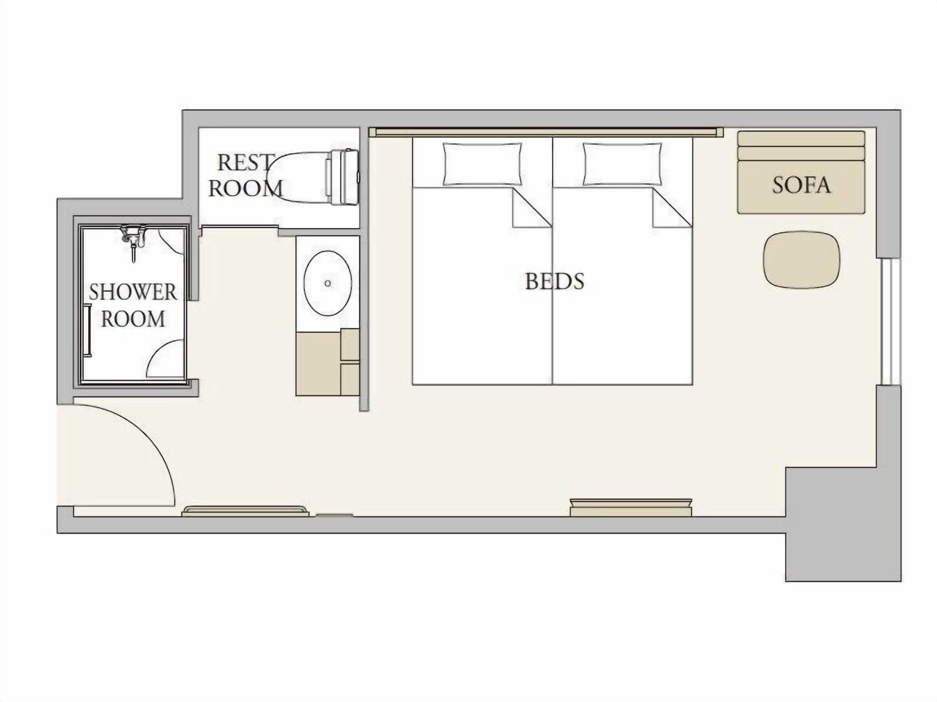 A hotel room layout with a shower room, two beds, a sofa, and a rest room.