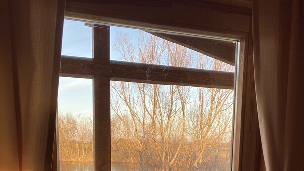 A window with a view of a lake and trees.
