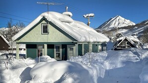 Una casa verde con techo nevado y una montaña al fondo.